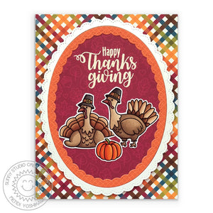 Sunny Studio Stamps Happy Thanksgiving Turkeys Plaid Handmade Fall Harvest Themed Card with Scalloped Oval Frame (using Colorful Autumn Double Sided 6x6 Patterned Paper Pack Pad)