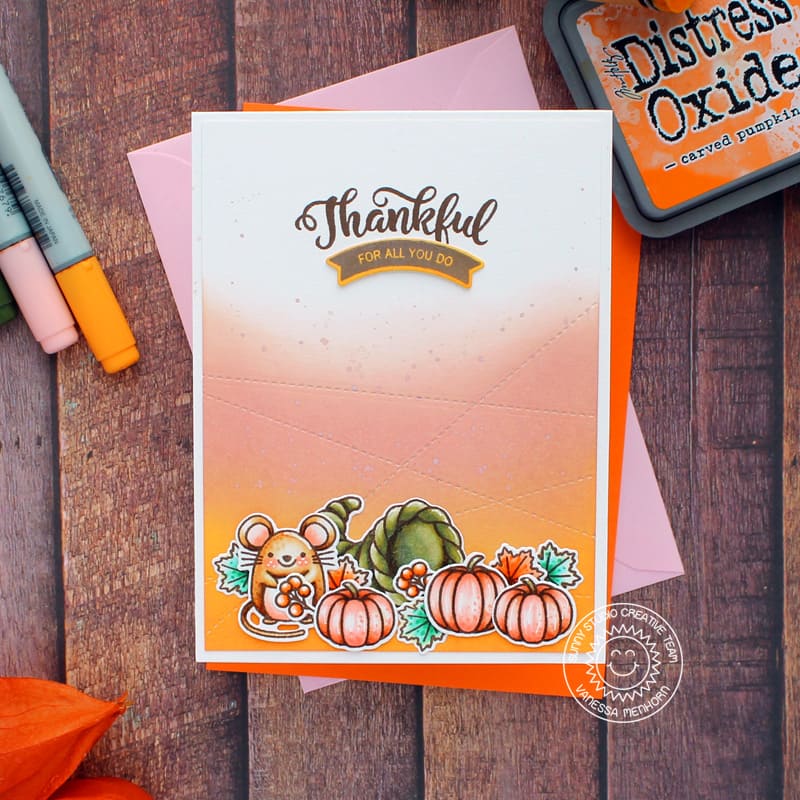 Sunny Studio Thankful For All You Do Mouse with Pumpkins & Cornucopia Fall Thank You Card using Bountiful Autumn Clear Stamp