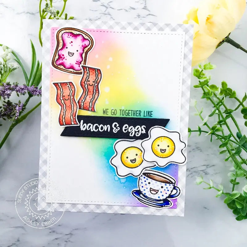 Sunny Studio We Go Together Like Bacon & Eggs Coffee & Toast Rainbow Card (using Breakfast Puns 4x6 Clear Stamps)