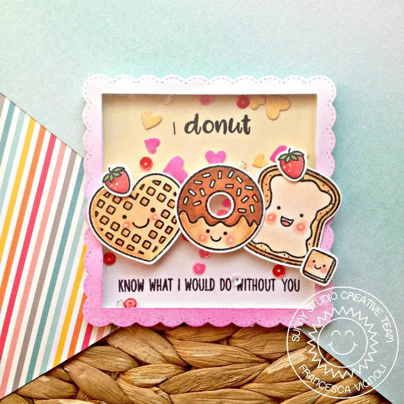 Sunny Studio Stamps Breakfast Puns Waffle, Donut & Toast Card using Fancy Frames Square Dies