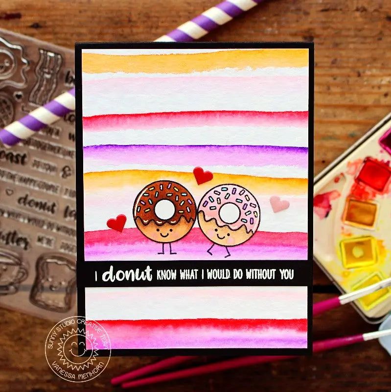 Sunny Studio Stamps Breakfast Puns Donuts Valentine's Day Card with Watercolor Stripes