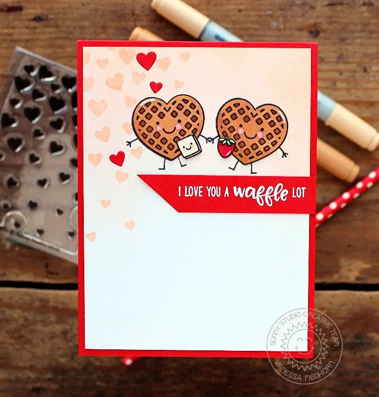 Sunny Studio Stamps Cascading Hearts Background I Love You A Waffle Lot Punny Valentine's Day Card