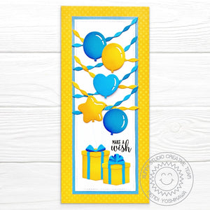Sunny Studio Stamps Make A Wish Presents, and Streamers Slimline Birthday Card using Bright Balloons Metal Cutting Dies