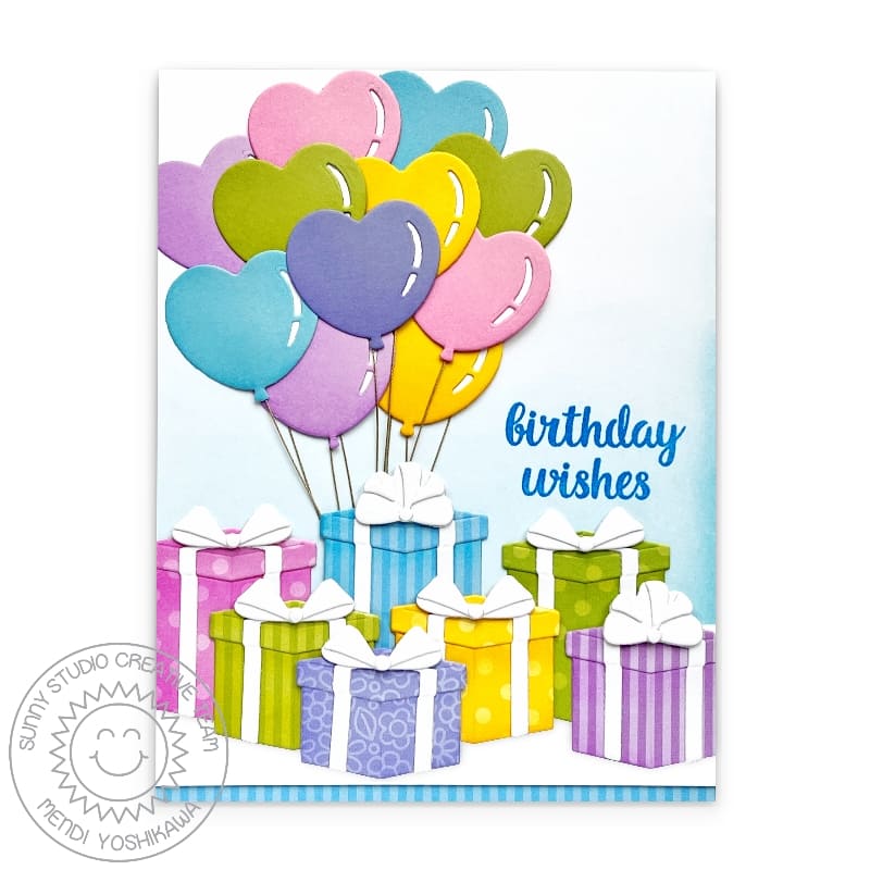 Sunny Studio Stamps Pastel Heart Balloon Bouquet with Birthday Presents Card (using Bright Balloons Metal Cutting Dies)