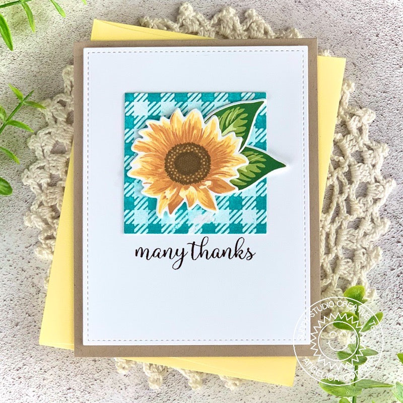 Sunny Studio Many Thanks Layered Layering Flower Teal Buffalo Plaid Embossed Card (using Sunflower Fields Clear Stamps)