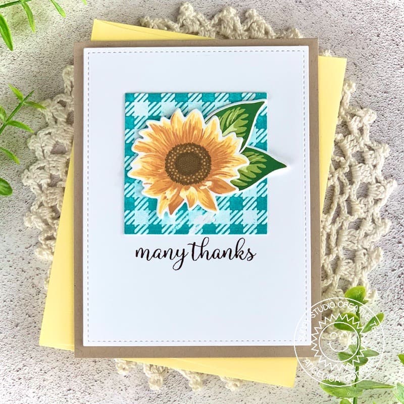 Sunny Studio Stamps Many Thanks Layered Layering Sunflower Flower CAS Card (using Buffalo Plaid 6x6 Embossing Folder)