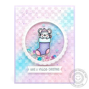 Sunny Studio Stamps Merry Mice Mouse in Stocking Pink, Blue & Lavender Pastel Embossed Christmas Holiday Card