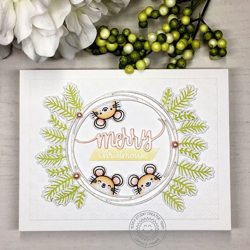 Sunny Studio Stamps Peeking Mice with Loopy Circle Frame Handmade Holiday Christmas Card by (using Snowflake Circle Frame Cutting Die)