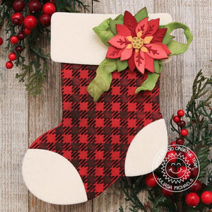 Sunny Studio Red & Black Checked Santa's Stocking Holiday Christmas Card with Poinsettia (using Buffalo Plaid 6x6 Embossing Folder)