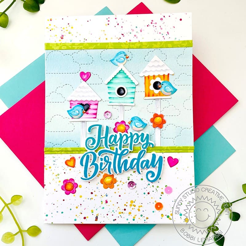 Sunny Studio Stamps Birds with Houses & Stitched Clouds Background Birthday Card (using Build-A-Birdhouse Metal Cutting Die)