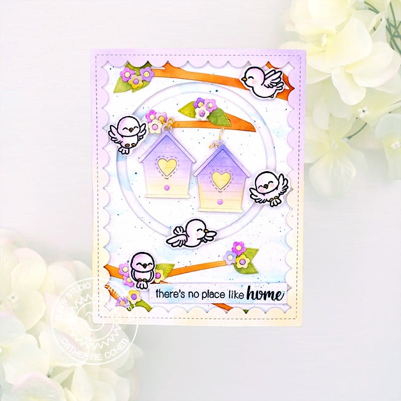 Sunny Studio Stamps Lavender Birdhouses Hanging from Tree Branches with Spring Flowers Card (using Out On A Limb Dies)