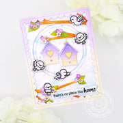 Sunny Studio Stamps Lavender Birdhouses Hanging from Tree Branches with Spring Flowers Card (using Build-a-Birdhouse Dies)