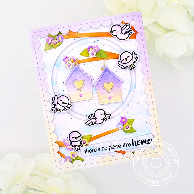 Sunny Studio Stamps Lavender Birdhouses Hanging from Tree Branches with Spring Flowers Card (using Build-a-Birdhouse Dies)
