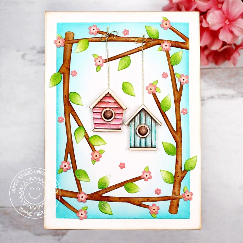 Sunny Studio Stamps Spring Birdhouses Hanging from Tree Branches with Flower Blossoms Card (using Out On A Limb Dies)