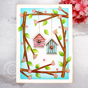 Sunny Studio Stamps Spring Birdhouses Hanging from Tree Branches with Flower Blossoms Card (using Out On A Limb Dies)