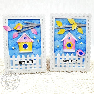 Sunny Studio Stamps Tree Branch, Bird House & Picket Fence Scalloped Easter Cards using Build-A-Birdhouse Metal Cutting Dies