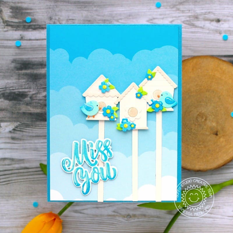 Sunny Studio Stamps Bird Houses with Blue Sky & Fluffy Clouds Miss You Card (using Build-A-Birdhouse Metal Cutting Dies)