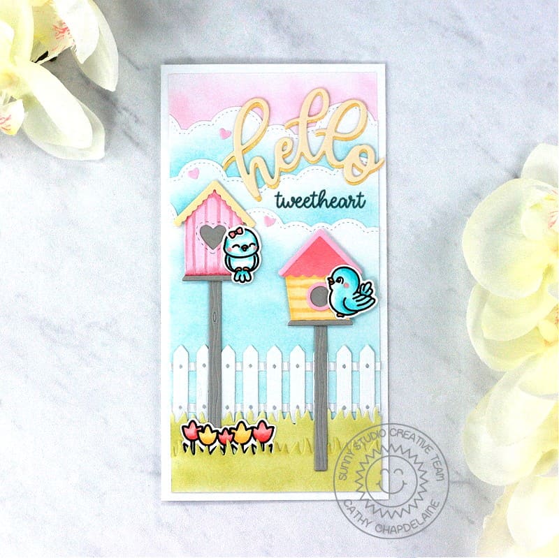 Sunny Studio Stamps Birds with Houses Hello Tweeheart Punny Mini Slimline Card (using Build-A-Birdhouse Metal Cutting Dies)