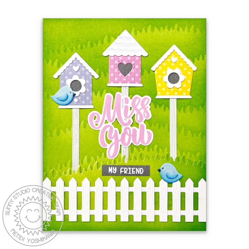 Sunny Studio Stamps Miss You My Friend Birds with Birdhouse, Grass & Fence (using Picket Fence Metal Cutting Dies)