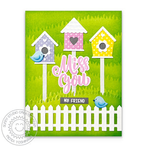 Sunny Studio Miss You My Friend Birds with Birdhouse, Grass & Fence (using Big Bold Greetings 4x6 Clear Sentiment Stamps)