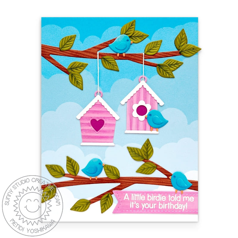 Sunny Studio Stamps Pink Birdhouses Hanging from Tree Branch with Birds Spring Birthday Card (using Build-A-Birdhouse Dies)