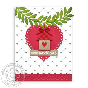 Sunny Studio Stamp For My Tweetheart Red Birdhouse Punny Valentine's Day Heart Card using Spring Greenery Leaves Cutting Die