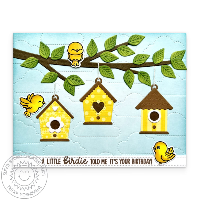 Sunny Studio Stamps A Little Birdie Told Me It's Your Birthday Birds Tree Branch Card using Out On A Limb Metal Cutting Dies