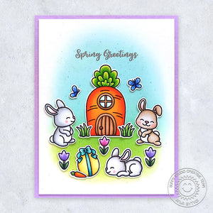 Sunny Studio Spring Greetings Bunny Rabbit with Carrot House & Tulips Easter Card (using Bunnyville 4x6 Clear Stamps)