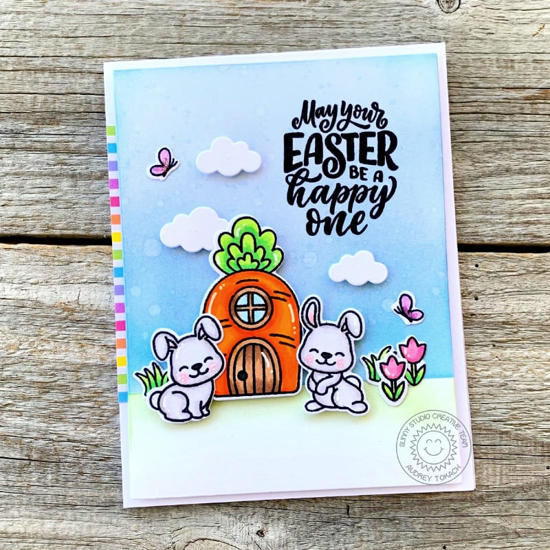 Sunny Studio May Your Easter Be A Happy One Bunny with Carrot House Spring Card (using Bunnyville Clear Stamps)