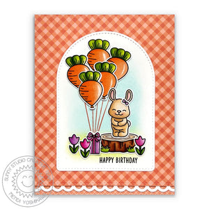 Sunny Studio Bunny Rabbit with Carrot Balloons Gingham Birthday Card (using Bunnyville 4x6 Clear Stamps)