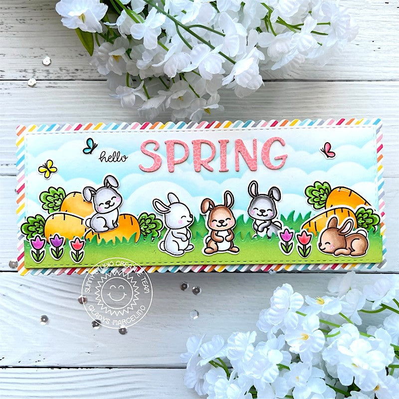 Sunny Studio Hello Spring Bunny Rabbit & Carrots Scalloped Rainbow Slimline Card (using Bunnyville Clear Stamps)