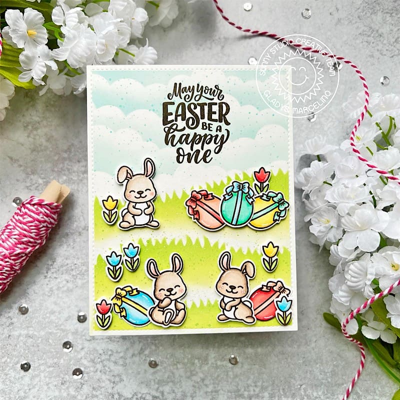 Sunny Studio Bunny Rabbits with Eggs & Spring Tulips Happy Easter Card (using Bunnyville 4x6 Clear Stamps)
