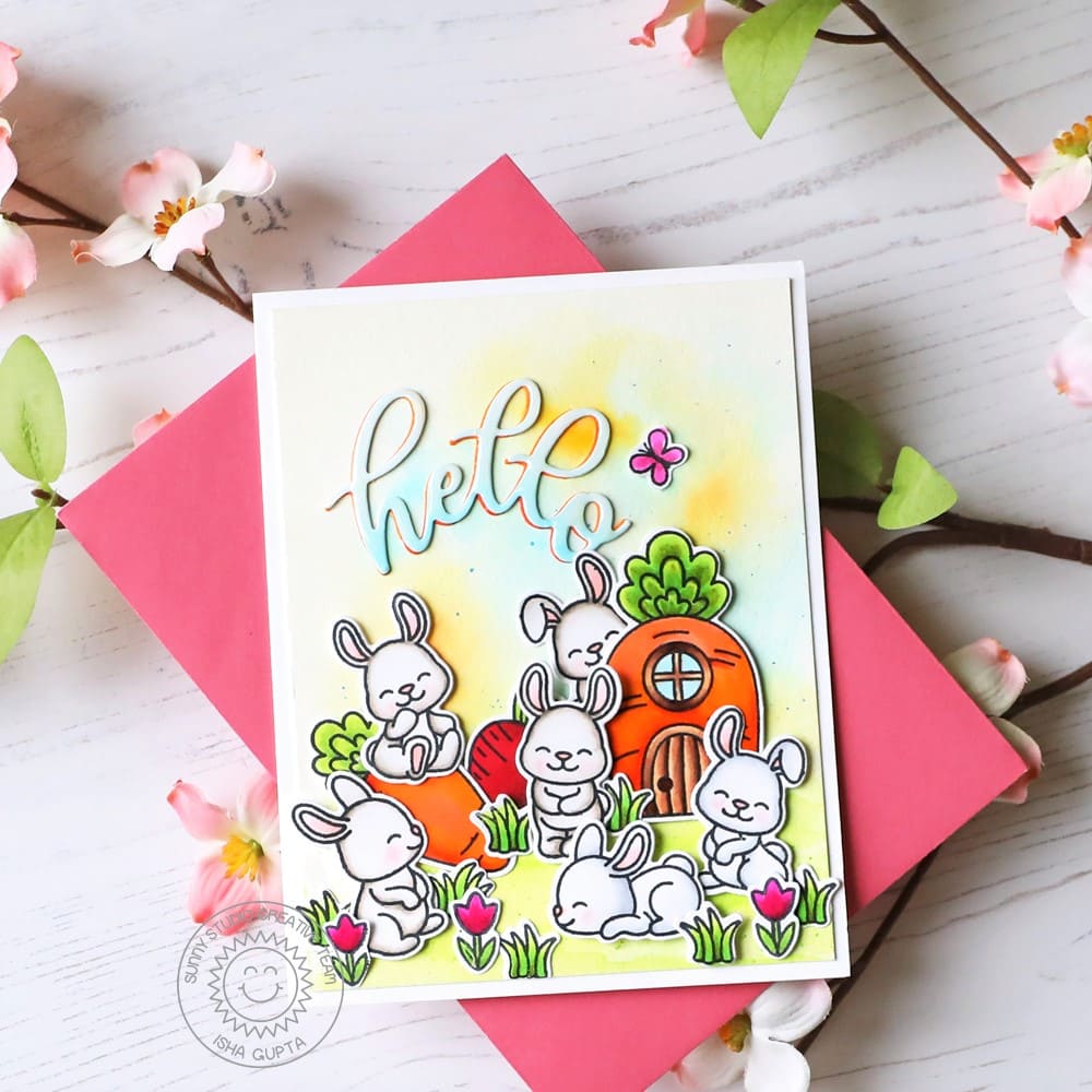 Sunny Studio Bunny Rabbits with Carrot House & Tulips Hello Spring Easter Card (using Bunnyville 4x6 Clear Stamps)