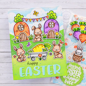 Sunny Studio Bunny Rabbits with Carrot Houses, Tulips & Wagon Spring Easter Card (using Bunnyville 4x6 Clear Stamps)