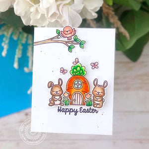 Sunny Studio Bunny Rabbits with Carrot House & Bird with Tree Branch Easter Card (using Bunnyville 4x6 Clear Stamps)