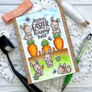 Sunny Studio Bunny Rabbit with Carrot Garden Kraft Scalloped Easter Card by Megan Quinn (using Bunnyville 4x6 Clear Stamps)