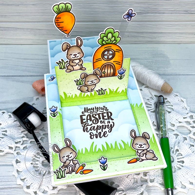 Sunny Studio Bunny Rabbits with Carrot House, Tulips & Butterflies Sliding Window Easter Card (using Bunnyville Clear Stamps)