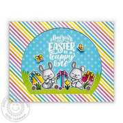 Sunny Studio Rainbow Striped Easter Bunny Rabbits with Eggs & Butterflies CardCard (using Bunnyville 4x6 Clear Stamps)