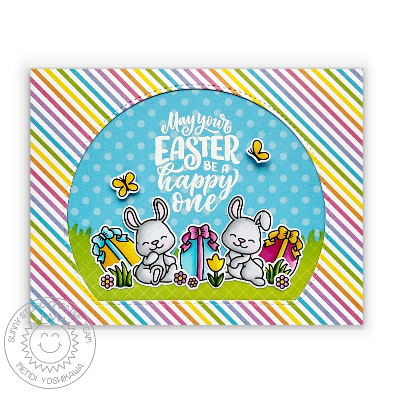 Sunny Studio Rainbow Striped Easter Bunny Rabbits with Eggs & Butterflies CardCard (using Bunnyville 4x6 Clear Stamps)