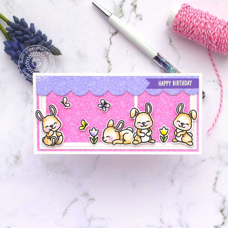 Sunny Studio Bunny Rabbits Pink & Lavender Scalloped Slimline Birthday Card (using Bunnyville Clear Stamps)