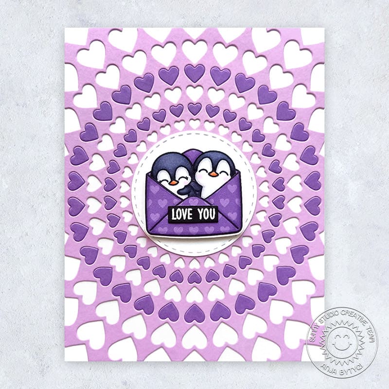 Sunny Studio Stamps Penguins in Envelope Lavender Valentine's Day Card (using Bursting Hearts Background Metal Cutting Die)