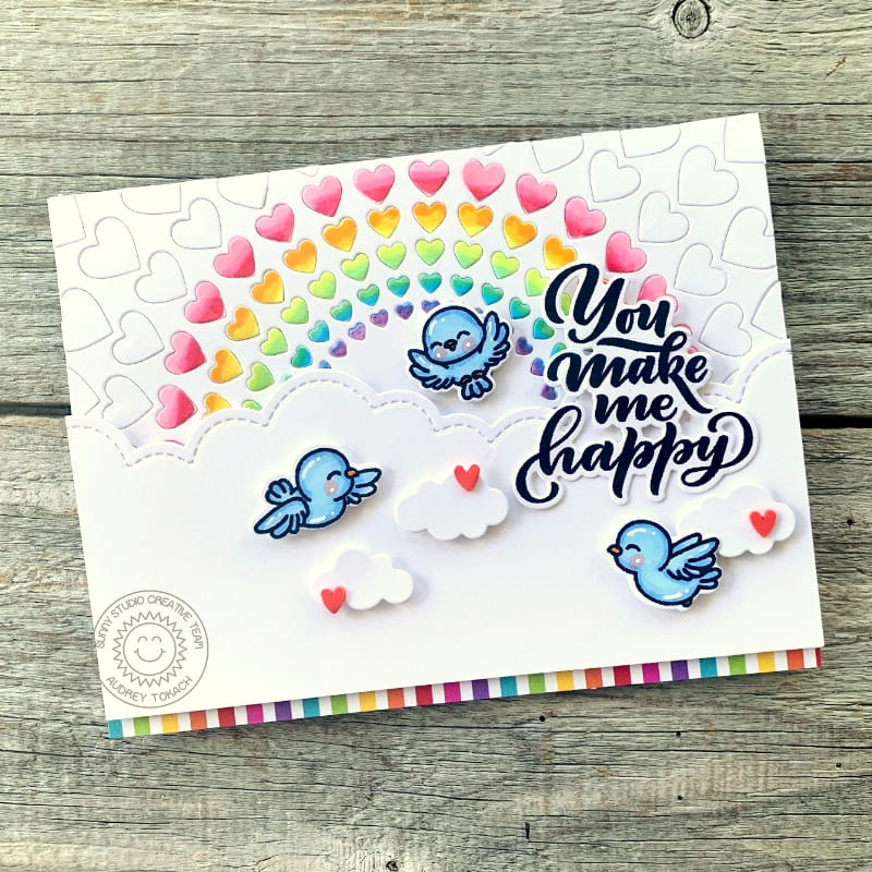 Sunny Studio Stamps You Make Me Happy Birds with Clouds & Rainbow Card (using Bursting Hearts Background Cutting Die)