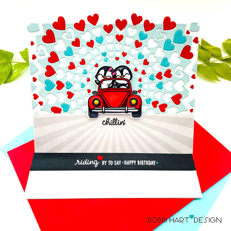 Sunny Studio Stamps Riding By To Say Happy Birthday Penguins in Car Card using Bursting Hearts Background Metal Cutting Die