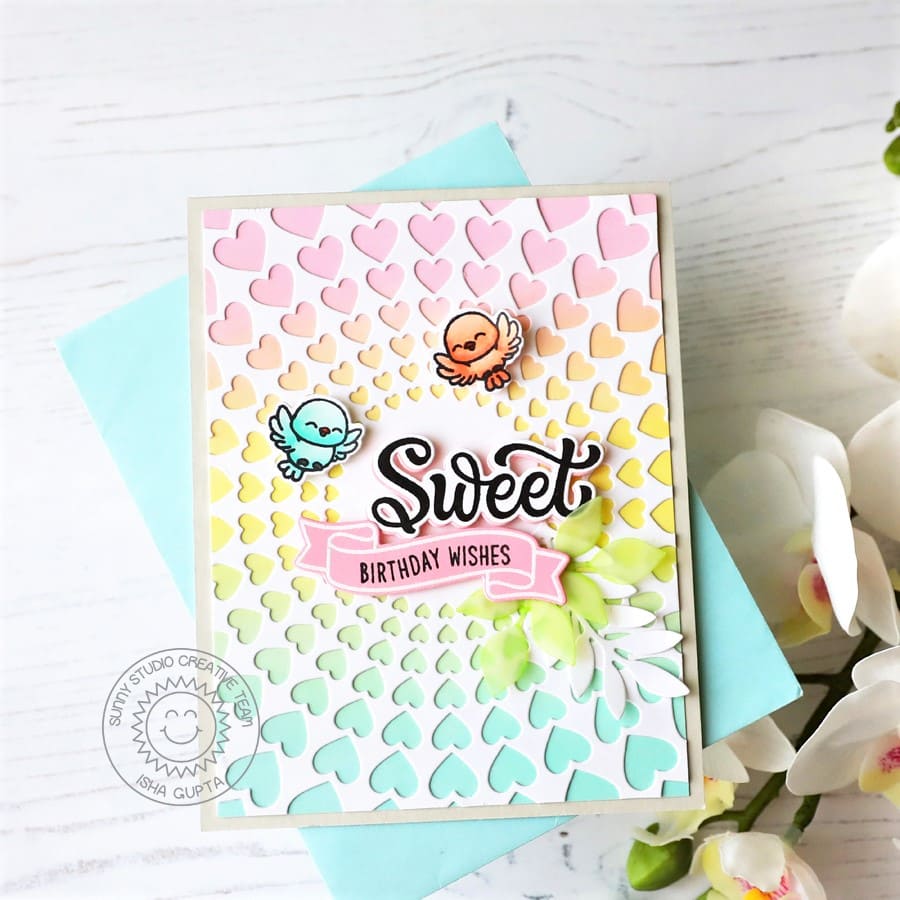 Sunny Studio Sweet Birthday Wishes Pastel Rainbow Bird Handmade Card (using Little Birdie 4x6 Clear Stamps)