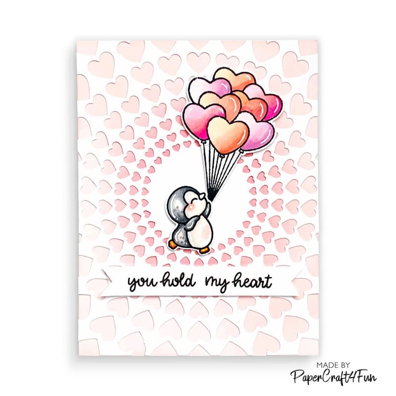 Sunny Studio Stamps You Hold My Heart Penguin & Floating Balloons Valentine's Day Card using Bursting Heart Background Die