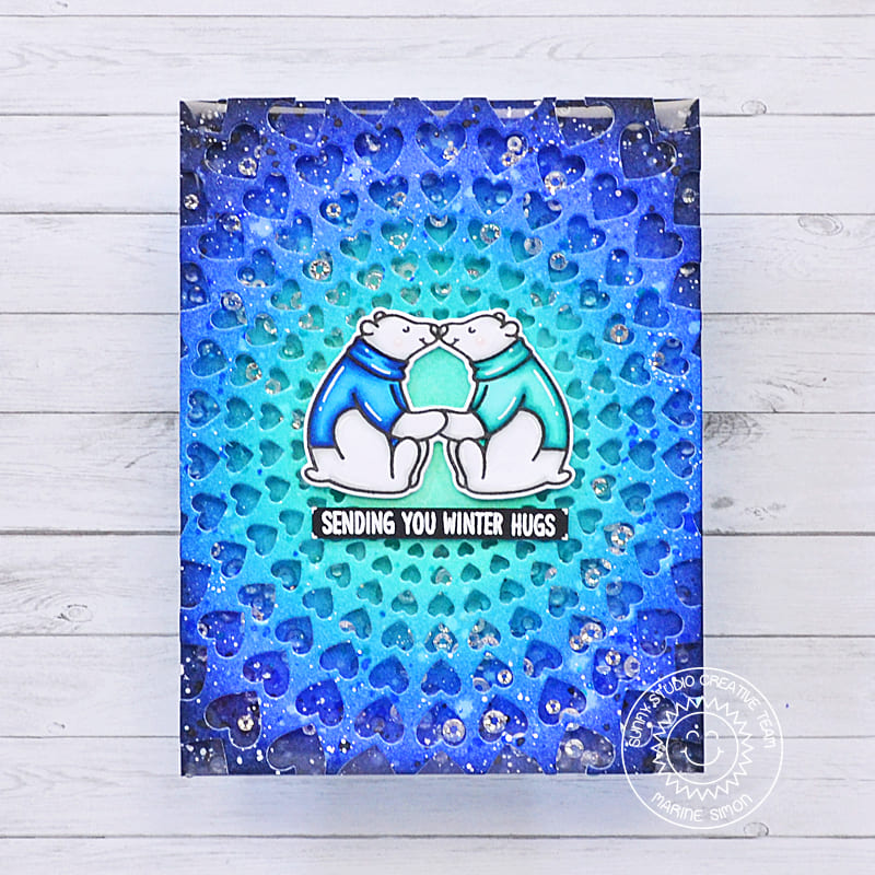 Sunny Studio Stamps Sending Winter Hugs Polar Bears Turquoise & Blue Polar Bear Card (using Bursting Hearts Background Die)
