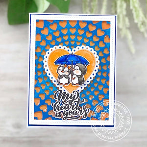 Sunny Studio Stamps My Heart Is Yours Penguins with Umbrella Blue & Yellow Card (using Scalloped Heart Metal Cutting Dies)