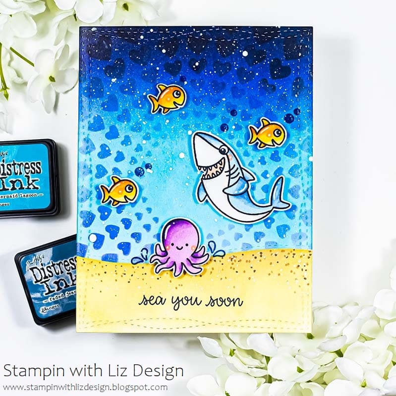 Sunny Studio Stamps Sea You Soon Punny Ocean-Themed Turquoise & Blue Card using Bursting Hearts Background Die as stencil