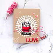 Sunny Studio Stamps Penguins in Teacup Red Cup Valentine's Day Card (using Bursting Hearts Background Metal Cutting Die)