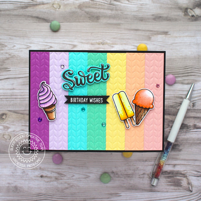 Sunny Studio Sweet Birthday Wishes Ice Cream Cone & Popsicle Sherbet Striped Card (using Summer Sweets 4x6 Clear Stamps)